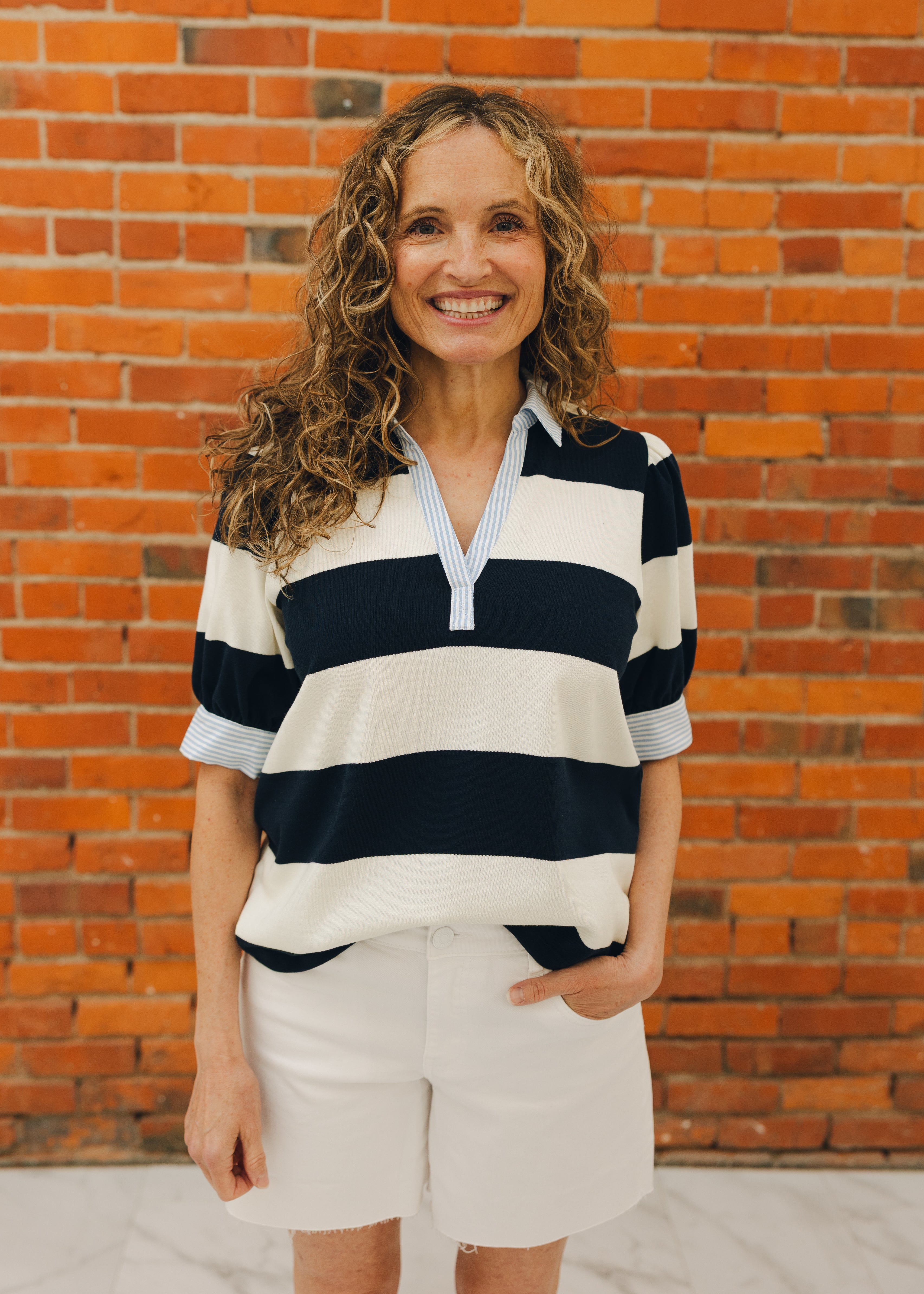 Half Puff Sleeve Rugby Striped Top