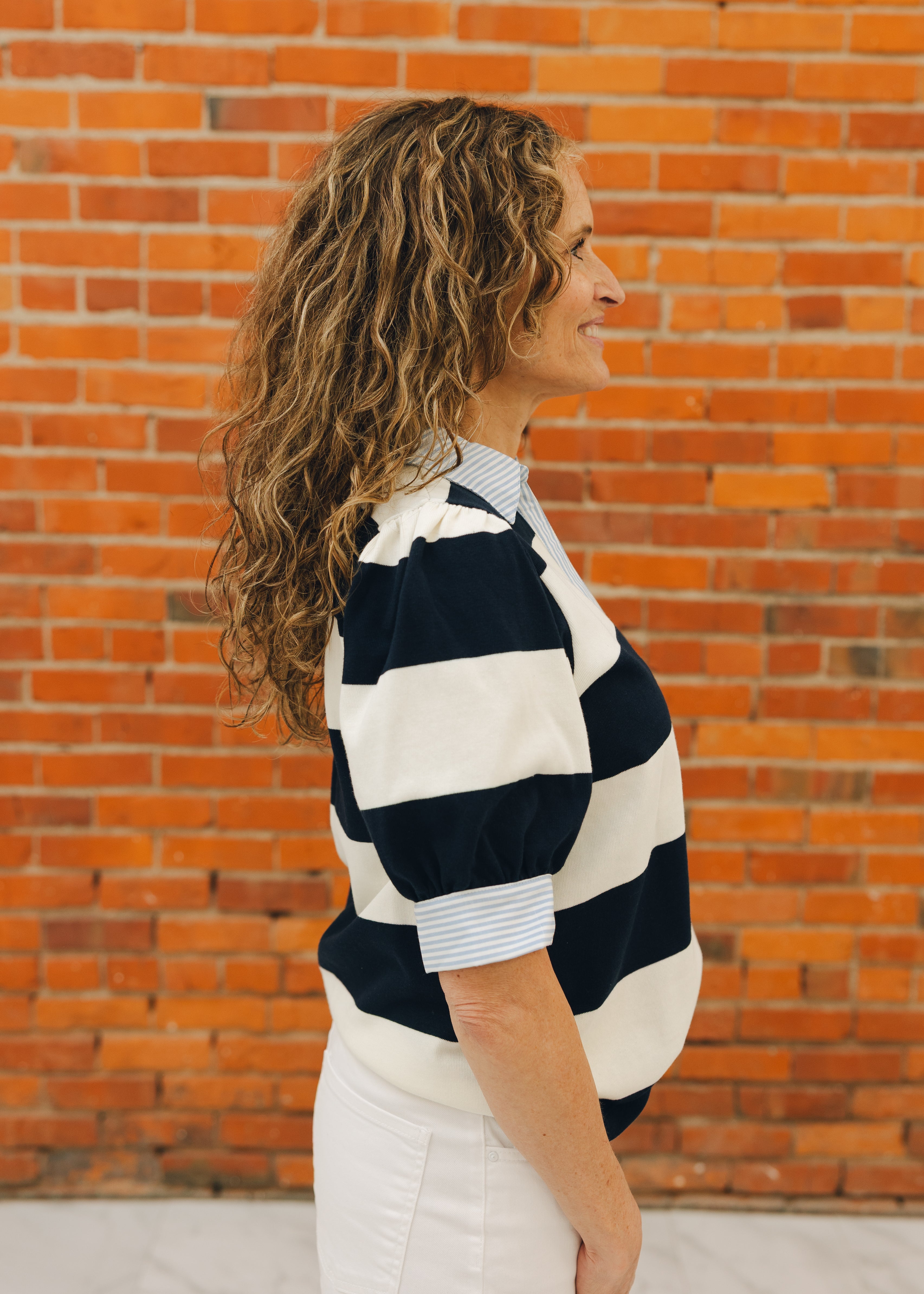 Half Puff Sleeve Rugby Striped Top