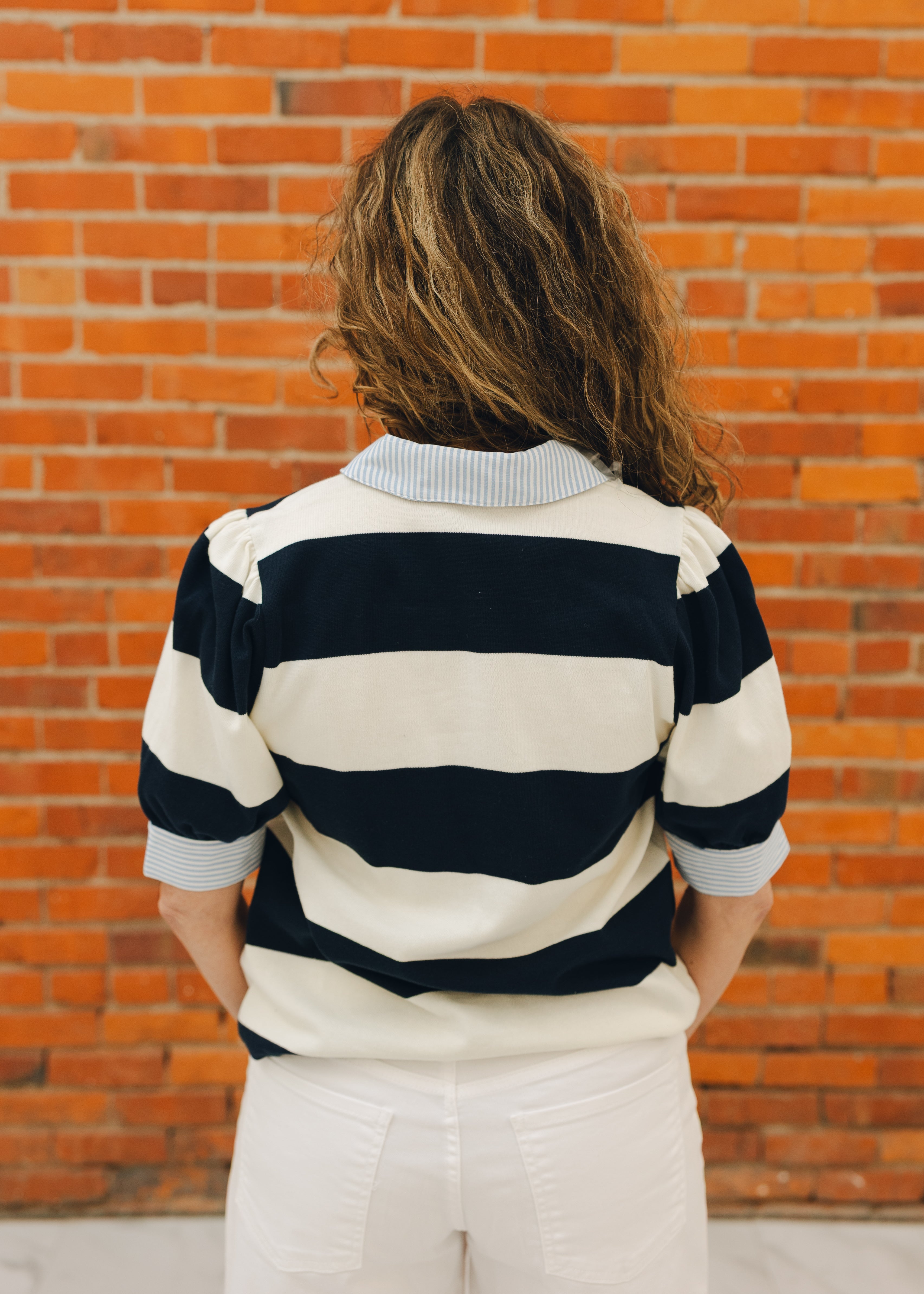 Half Puff Sleeve Rugby Striped Top