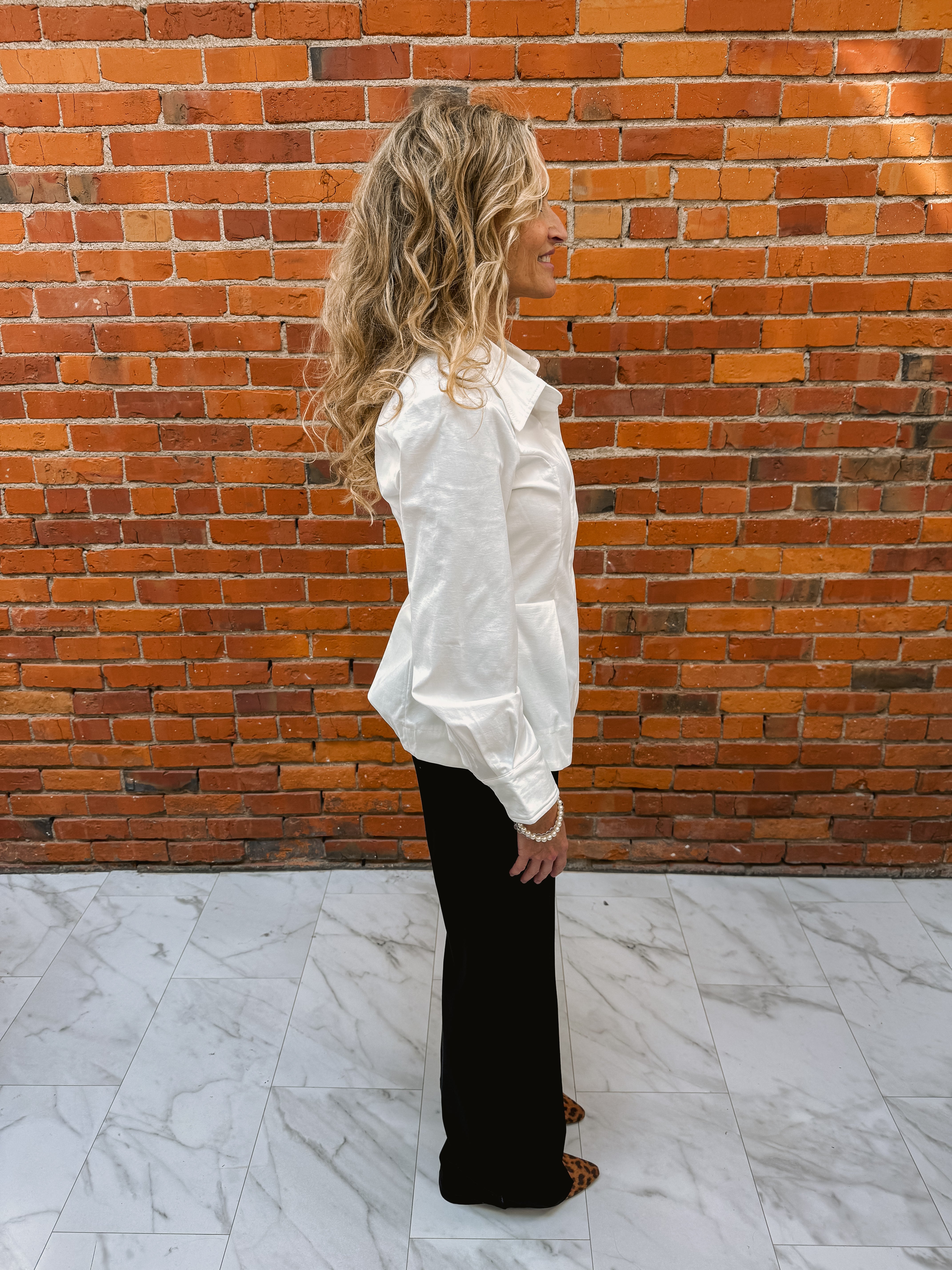 Long Sleeve Stretched Woven Peplum Shirt