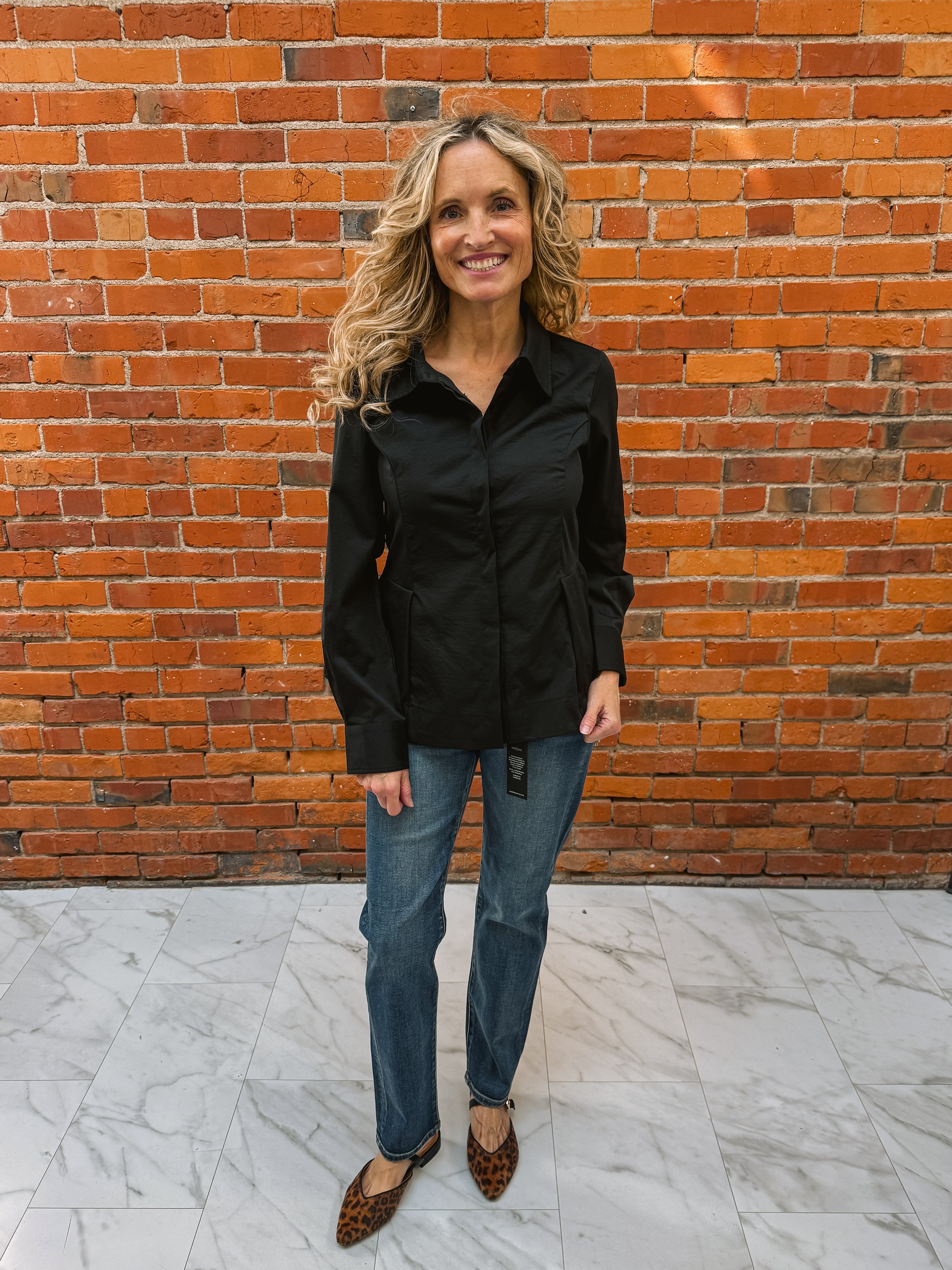 Long Sleeve Stretched Woven Peplum Shirt