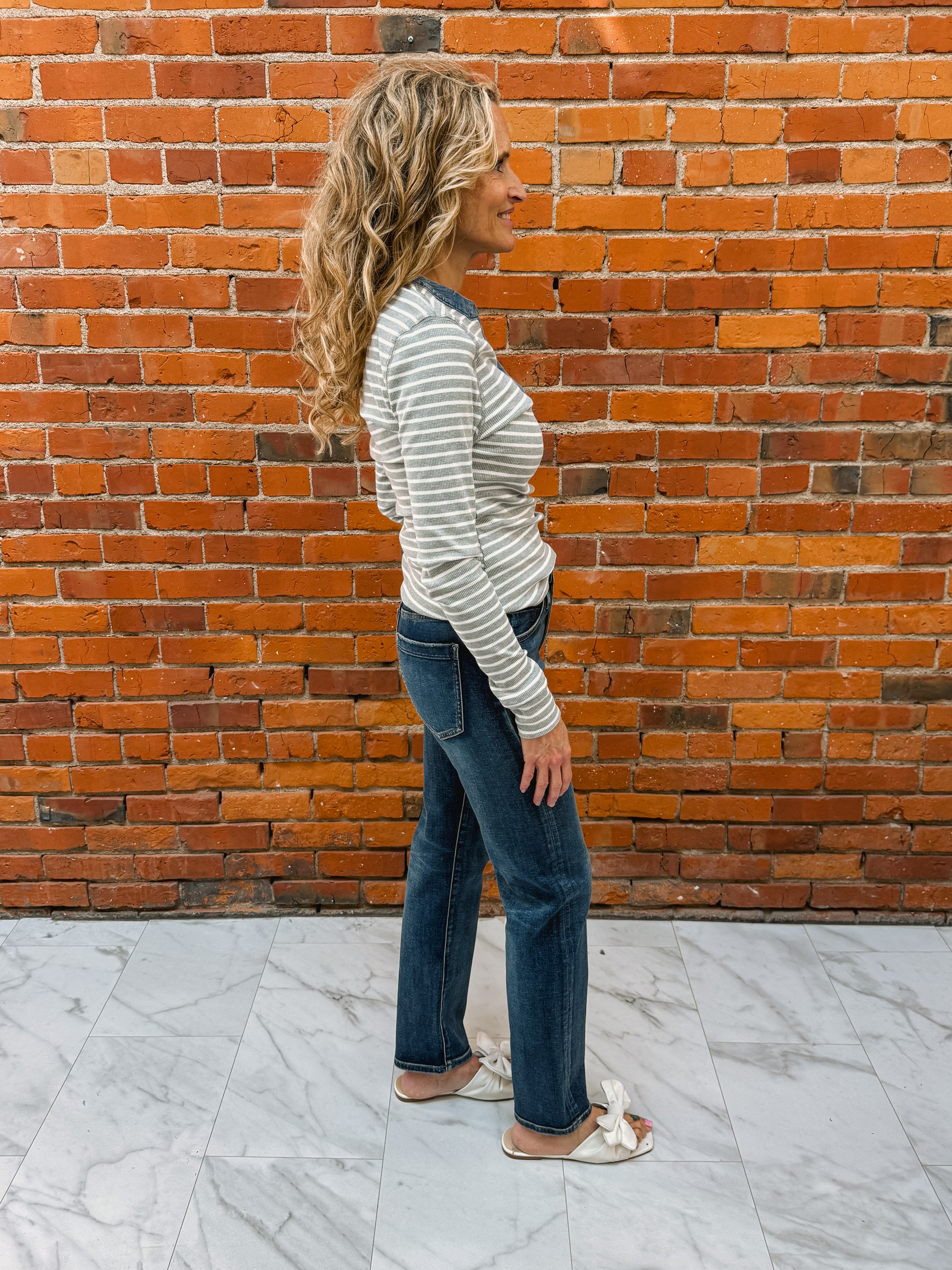 Striped Denim Trim Button Top