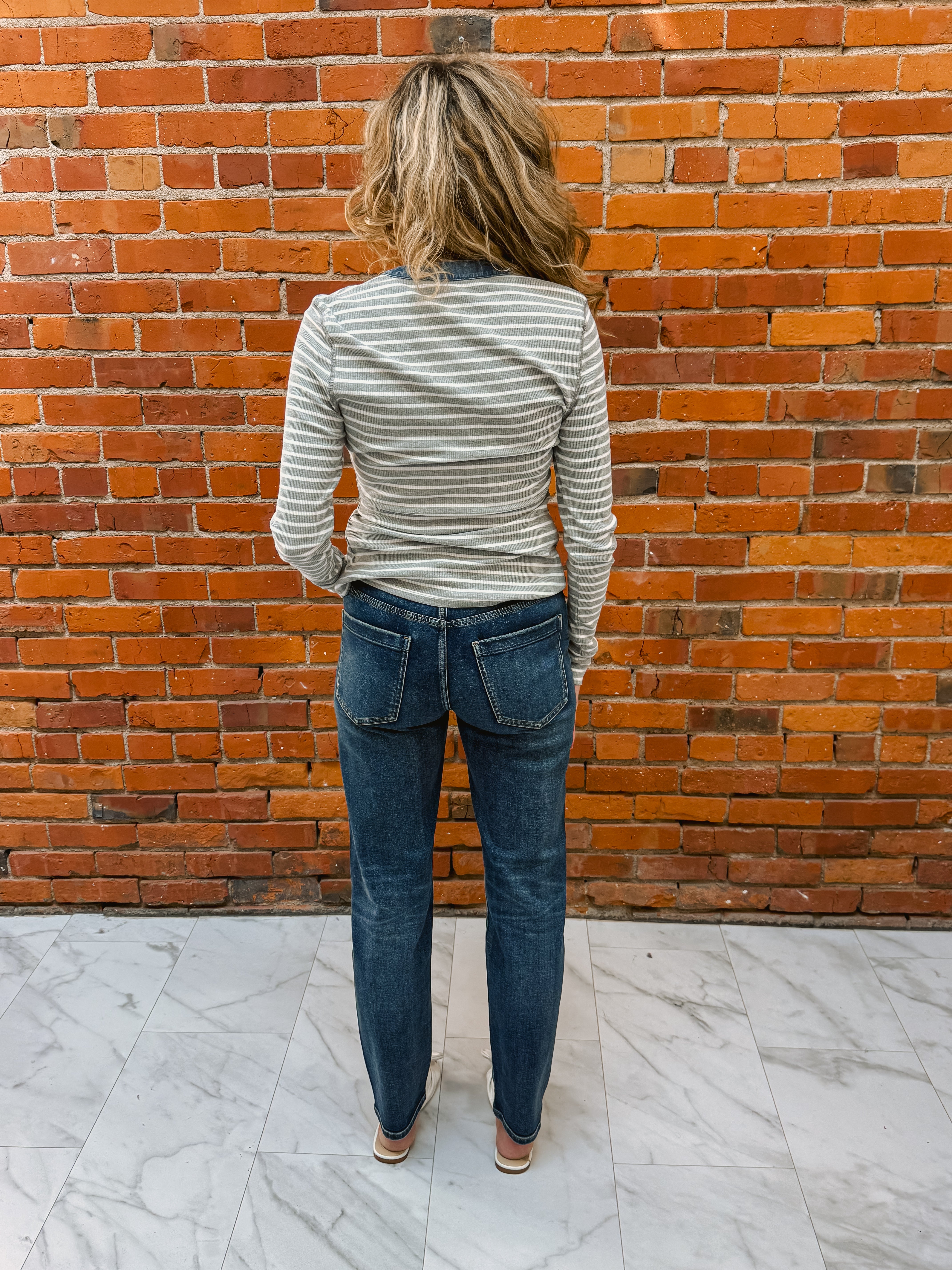 Striped Denim Trim Button Top