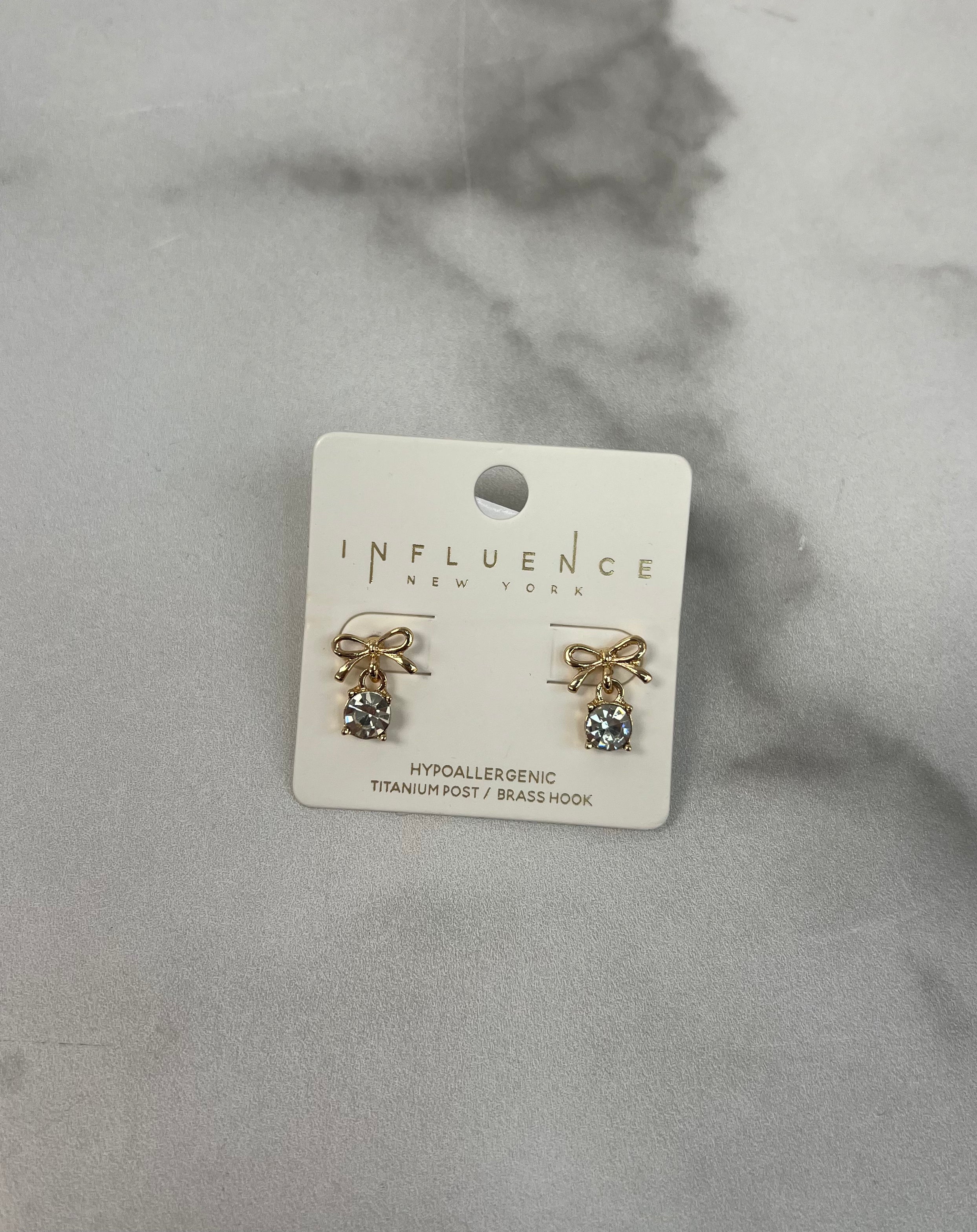 Metal Bow Earrings w/ Glass Stone Dangle