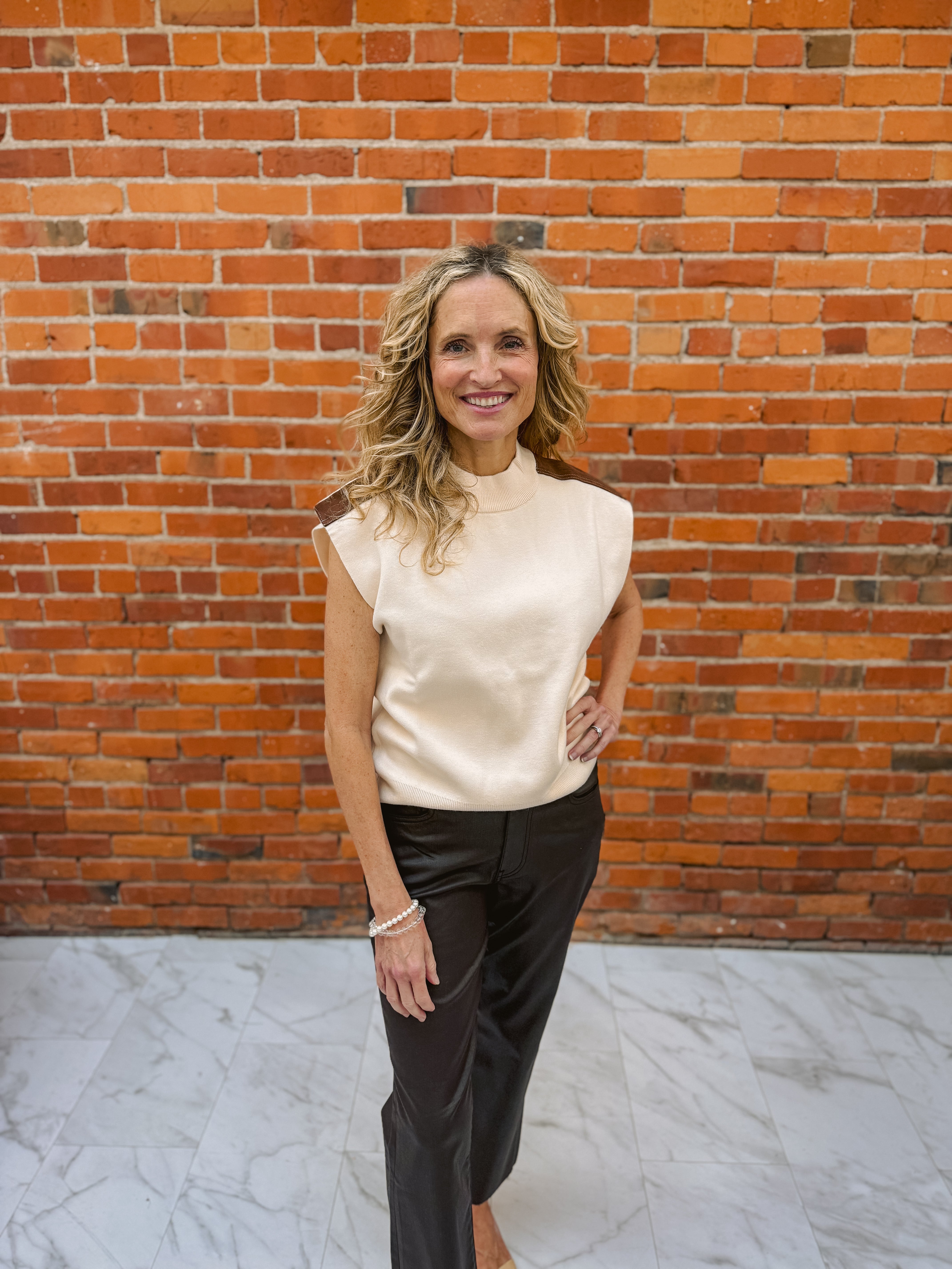 Turtle Neck Vest with Suede Shoulder