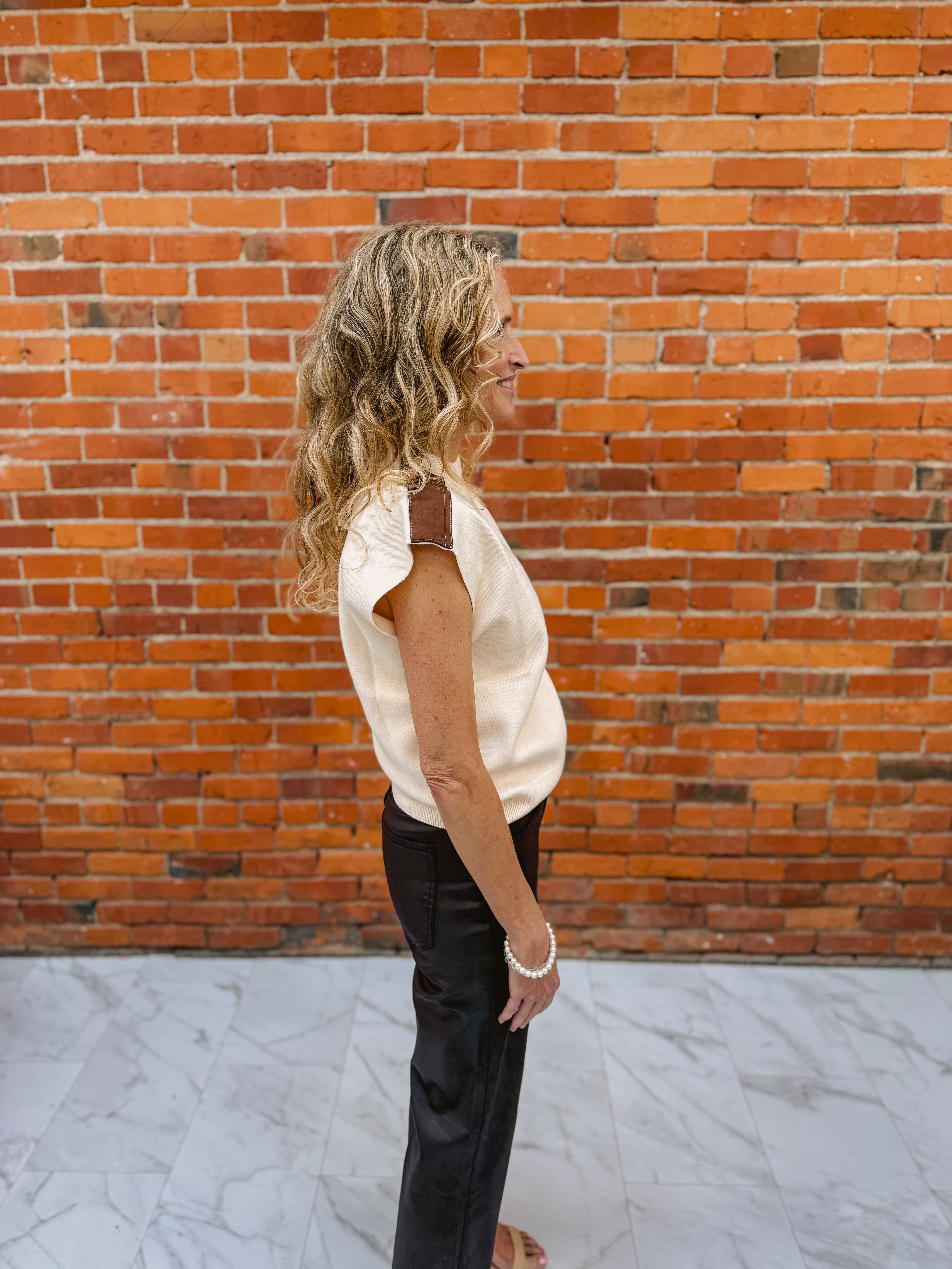 Turtle Neck Vest with Suede Shoulder