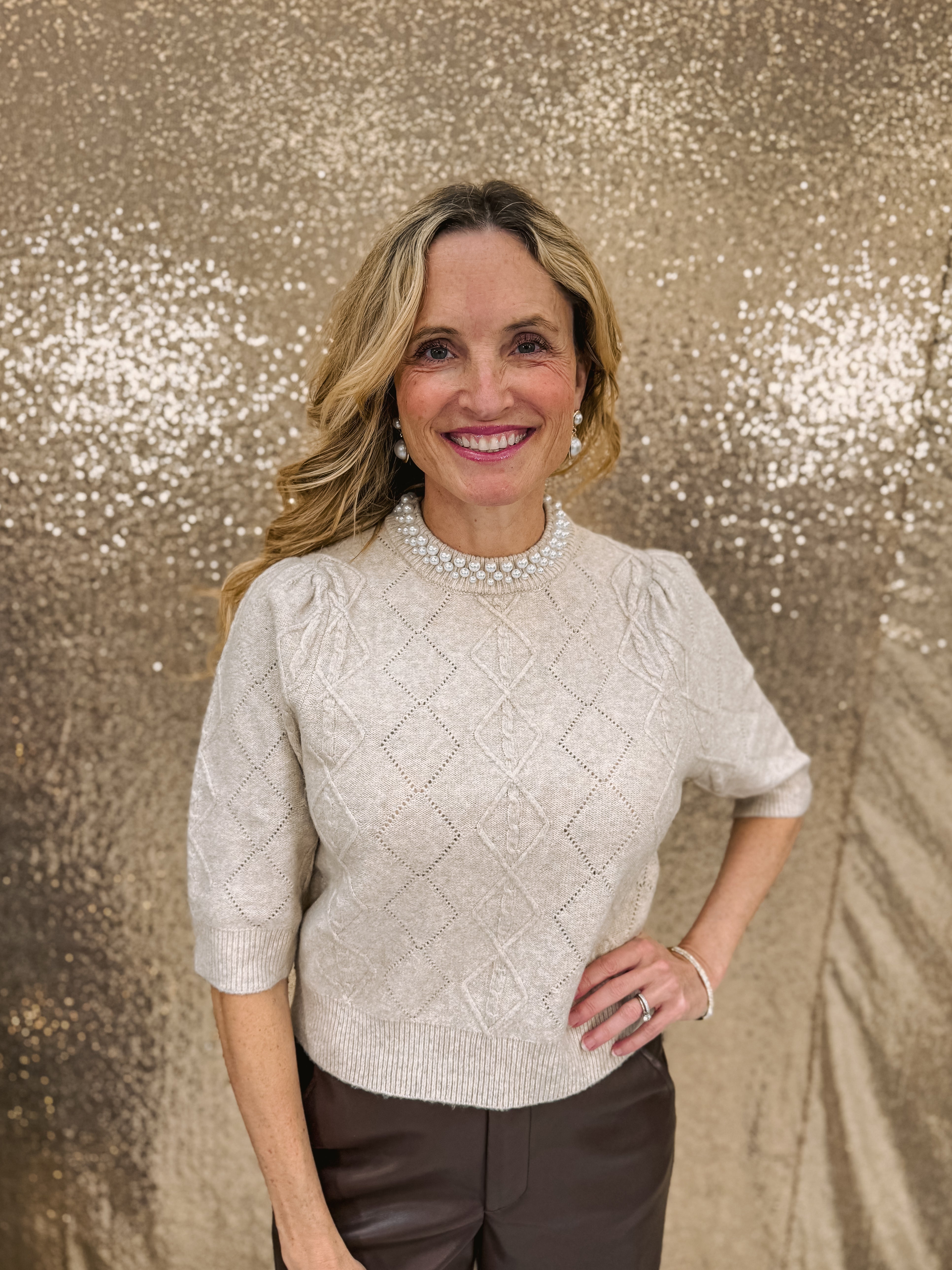 Knitted Sweater with Pearl Collar Detail