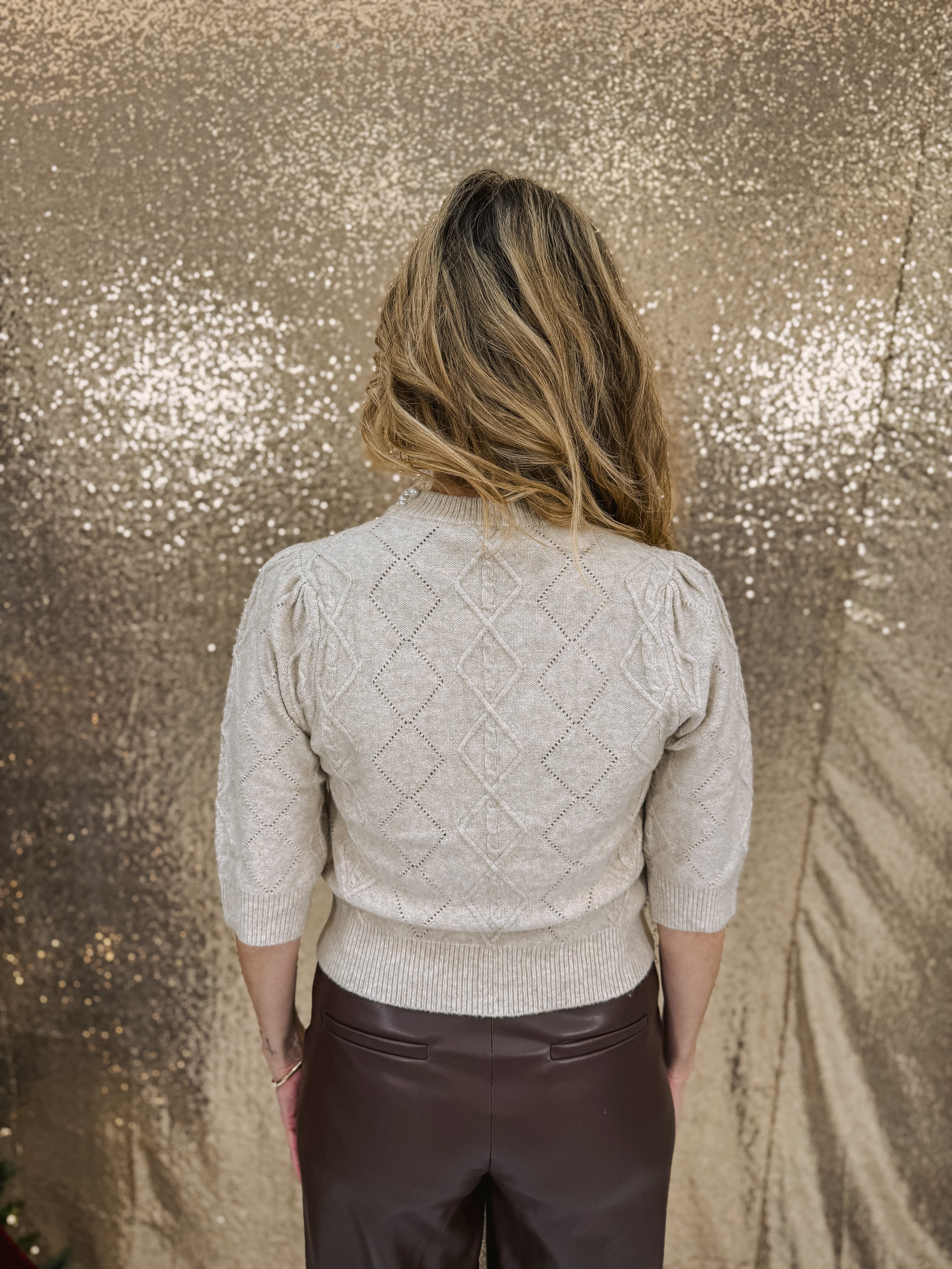 Knitted Sweater with Pearl Collar Detail