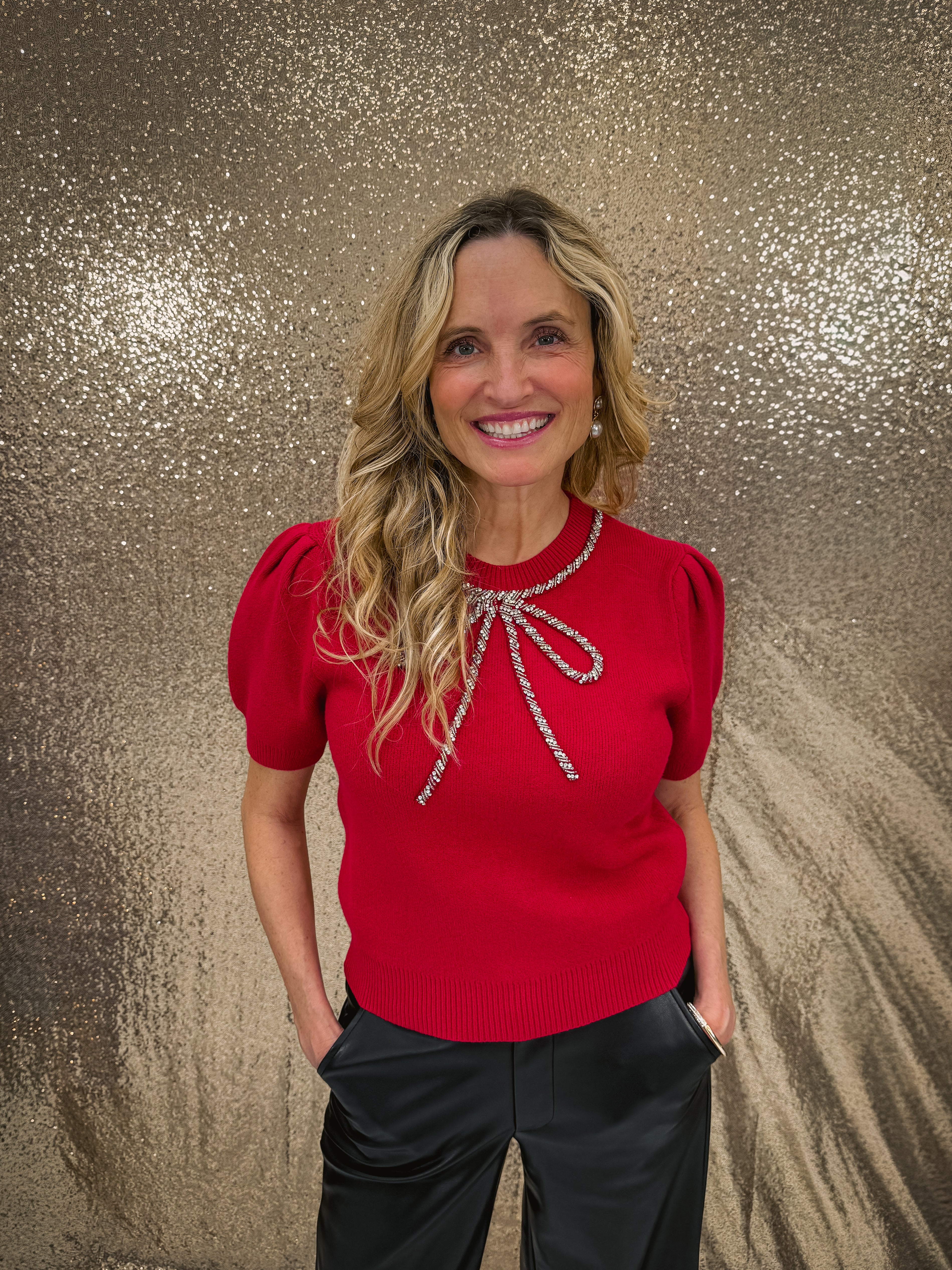 Half Sleeve Beaded Bow Sweater
