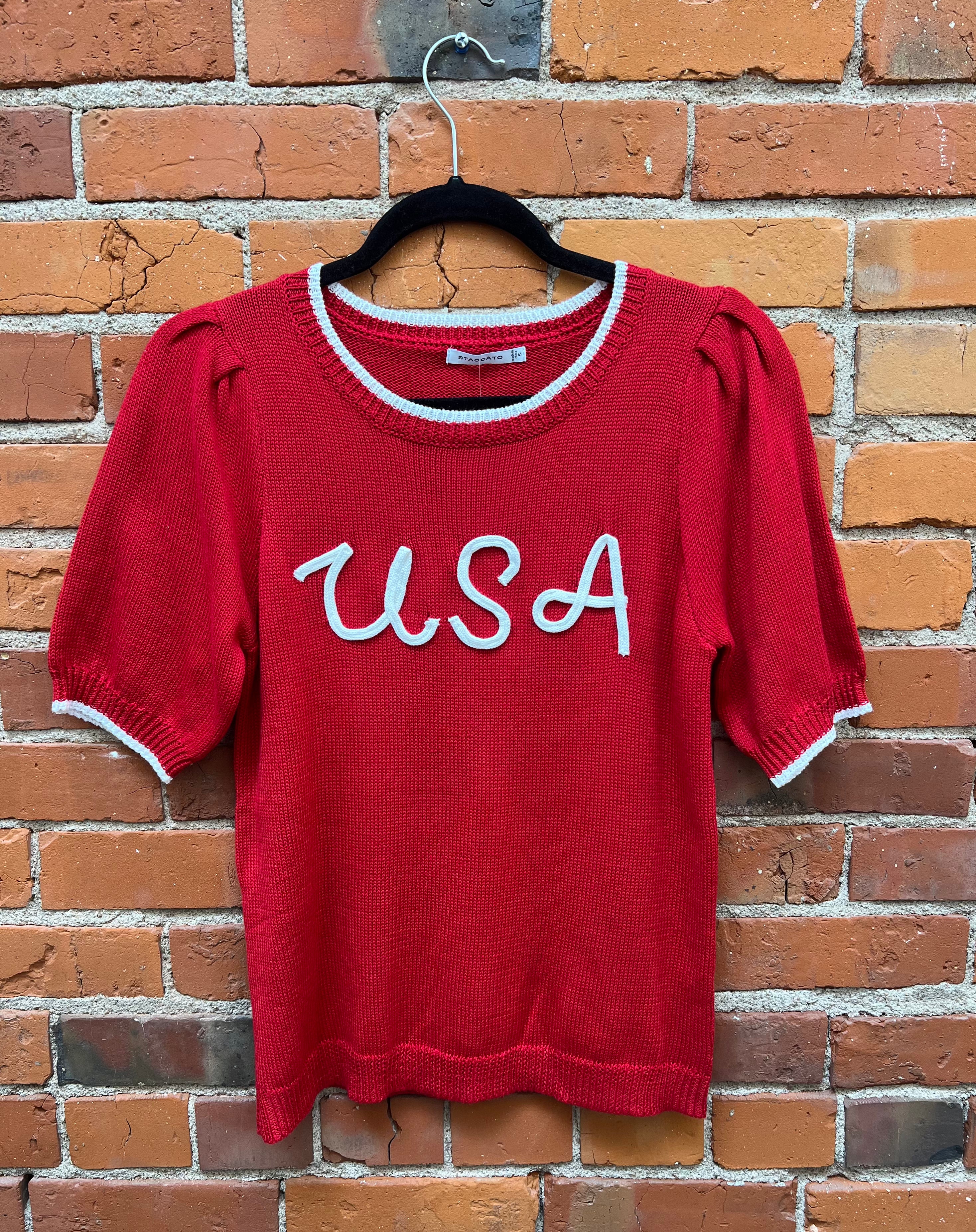 USA Embroidered Short Sleeve Sweater