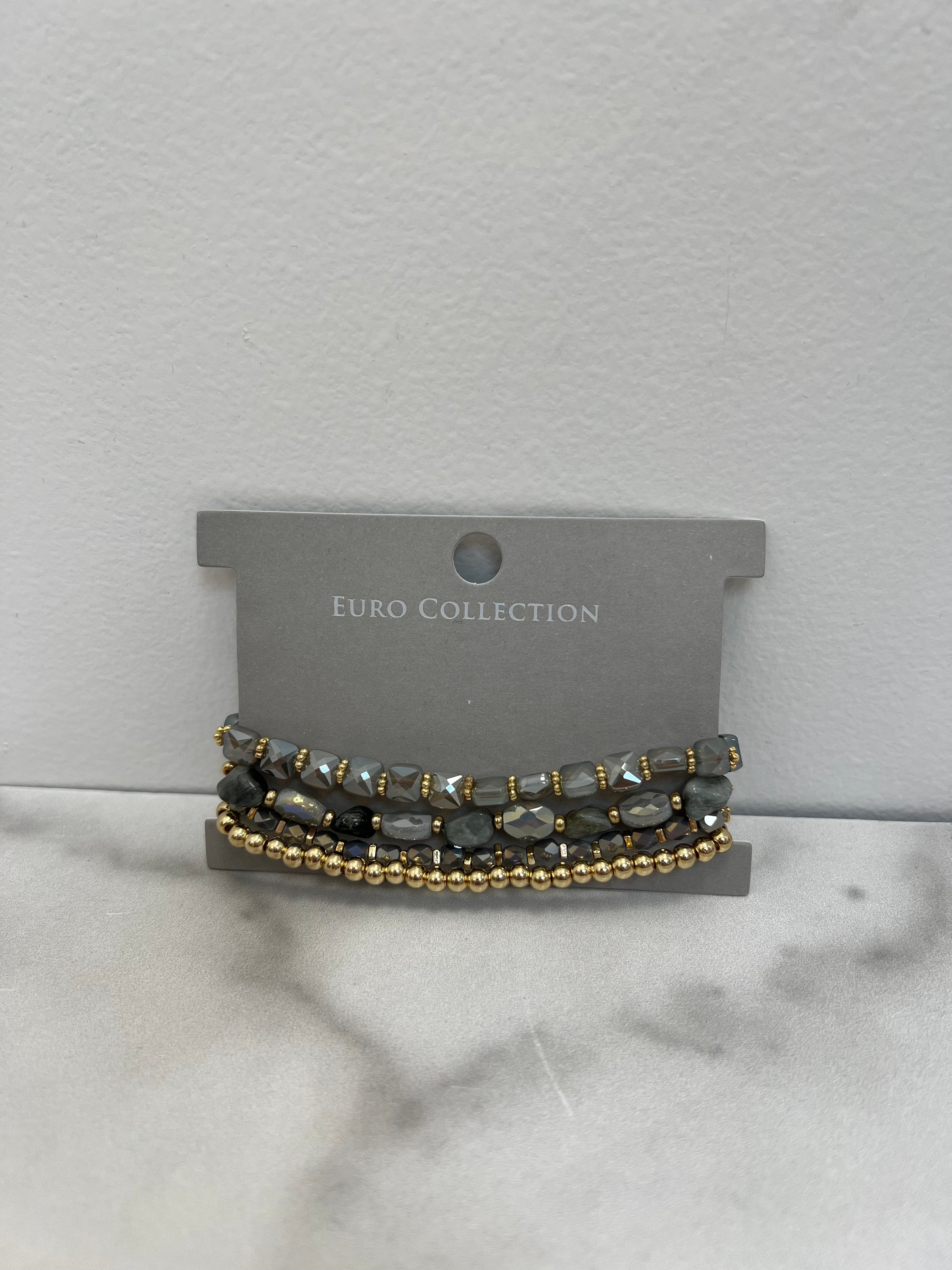 4-Stack Glass Beaded Bracelet Set - Grey