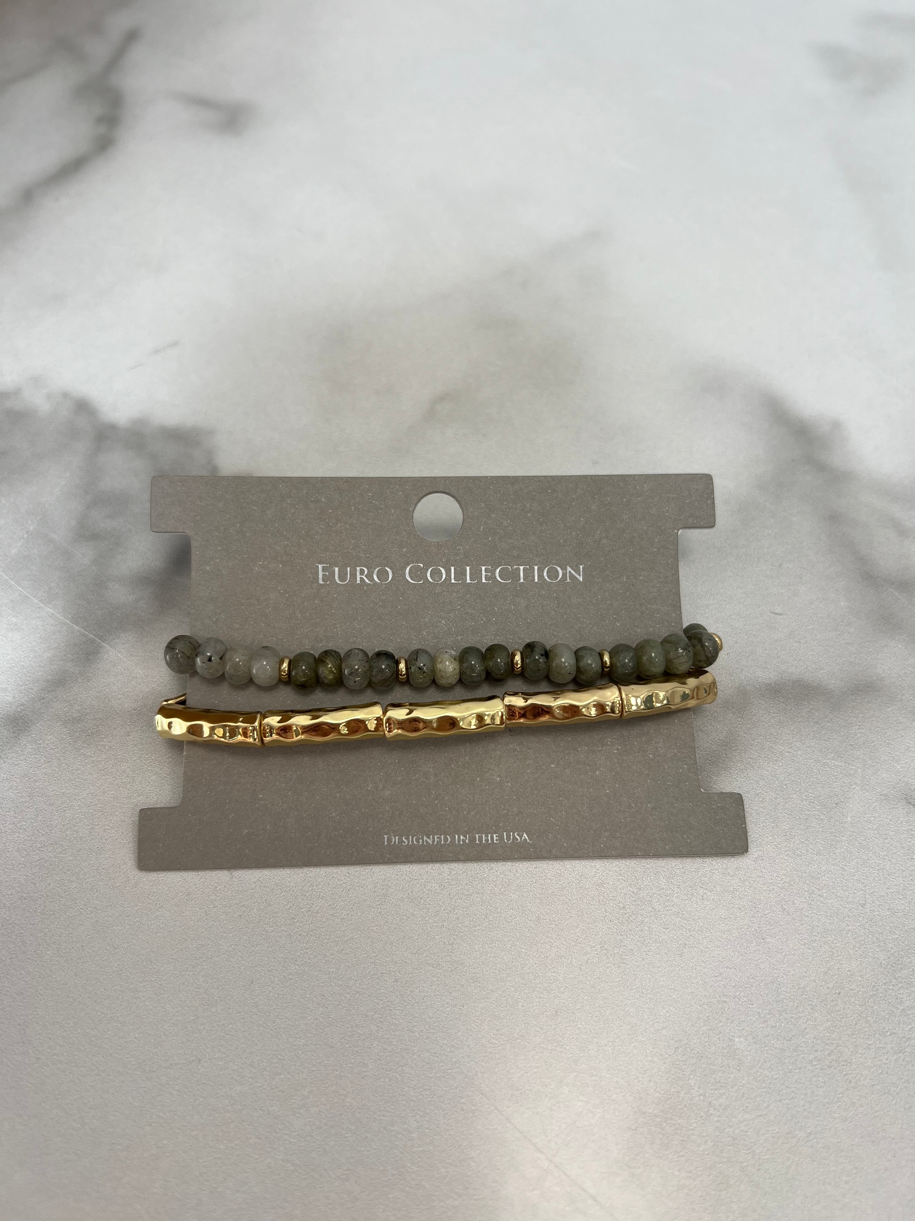 Semi-Precious Stone & Gold Bead Bracelet Set