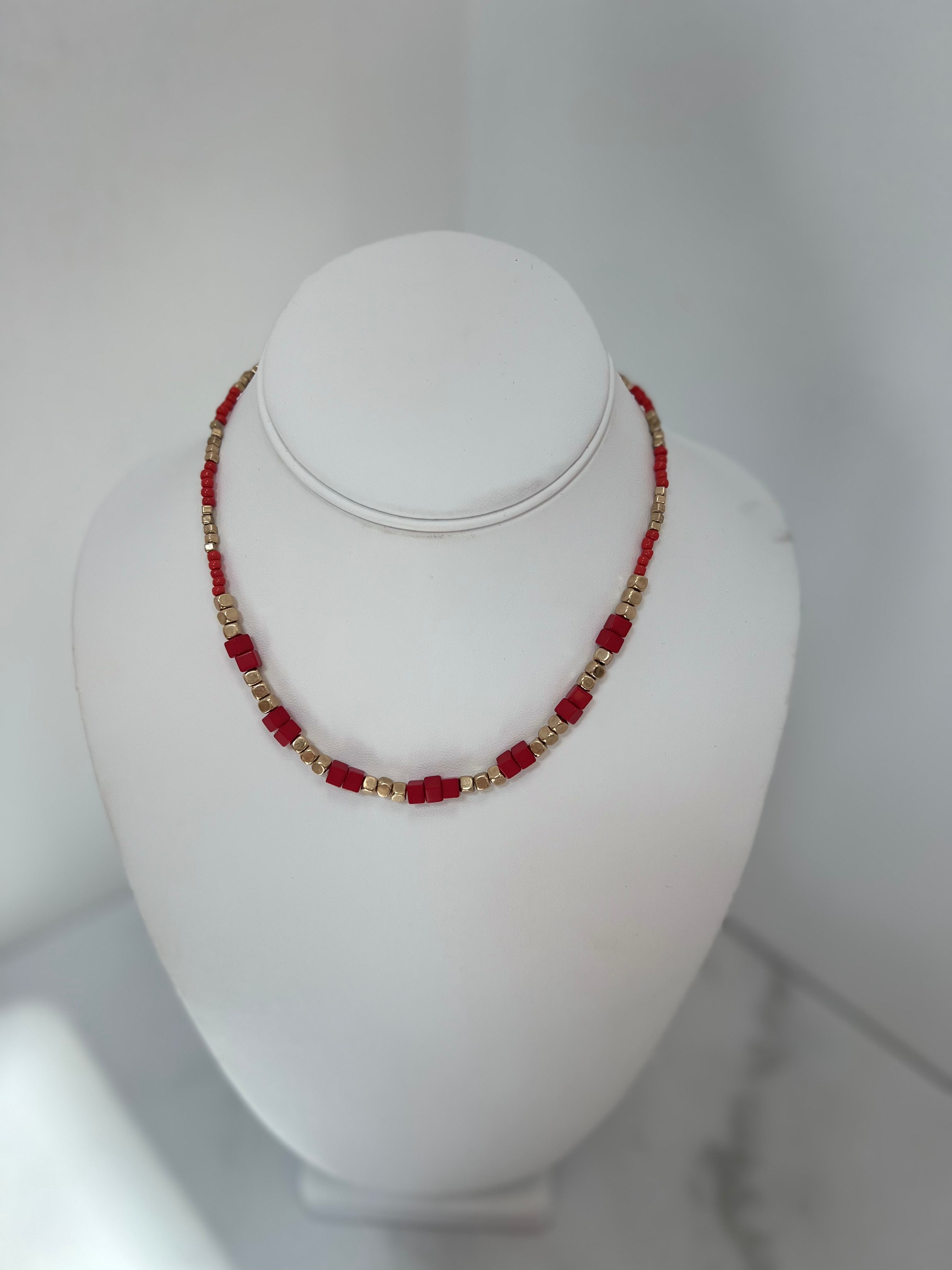 Cube & Seed Bead Necklace - Red