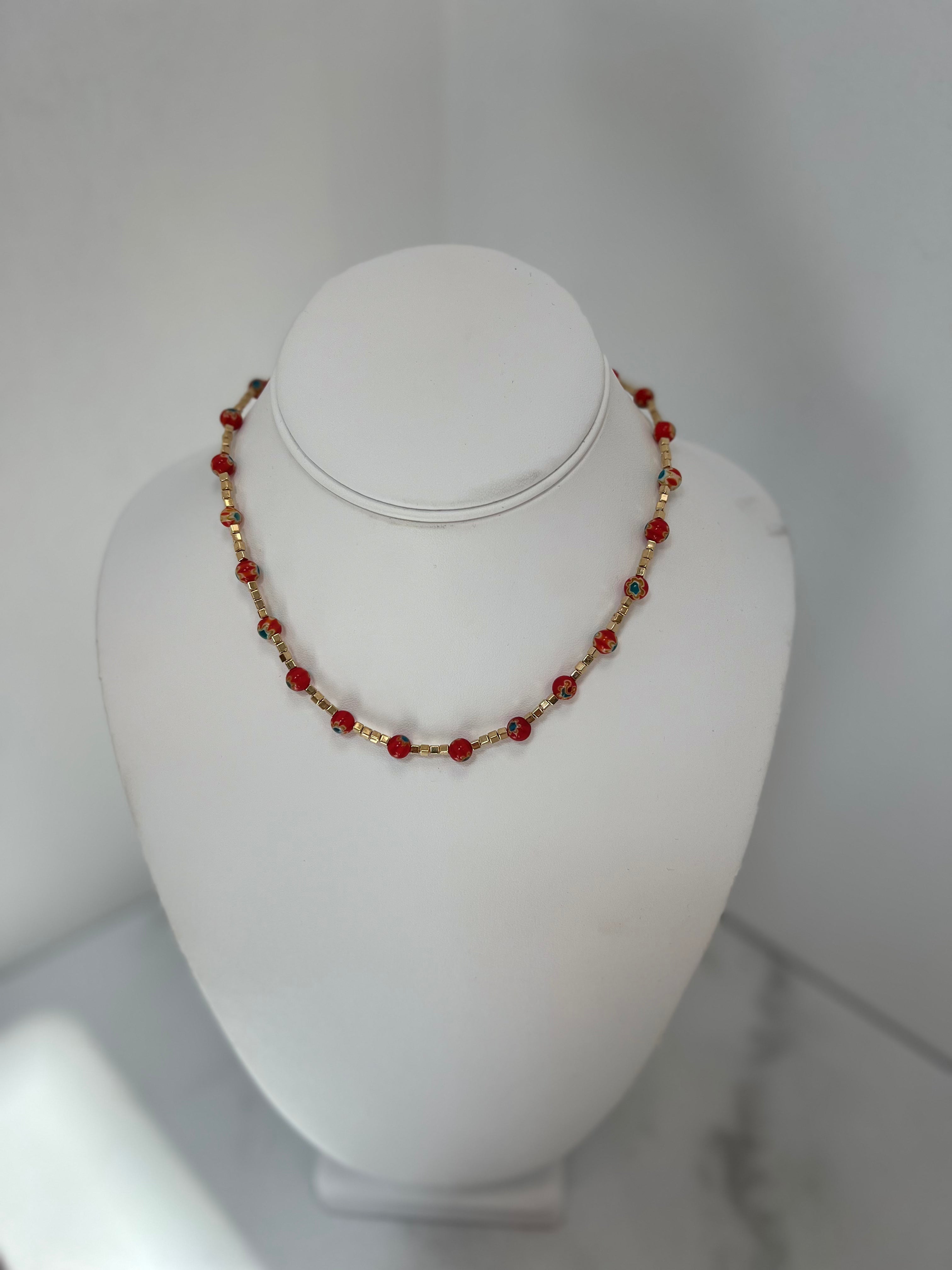 Flower Glazed Bead Necklace - Red