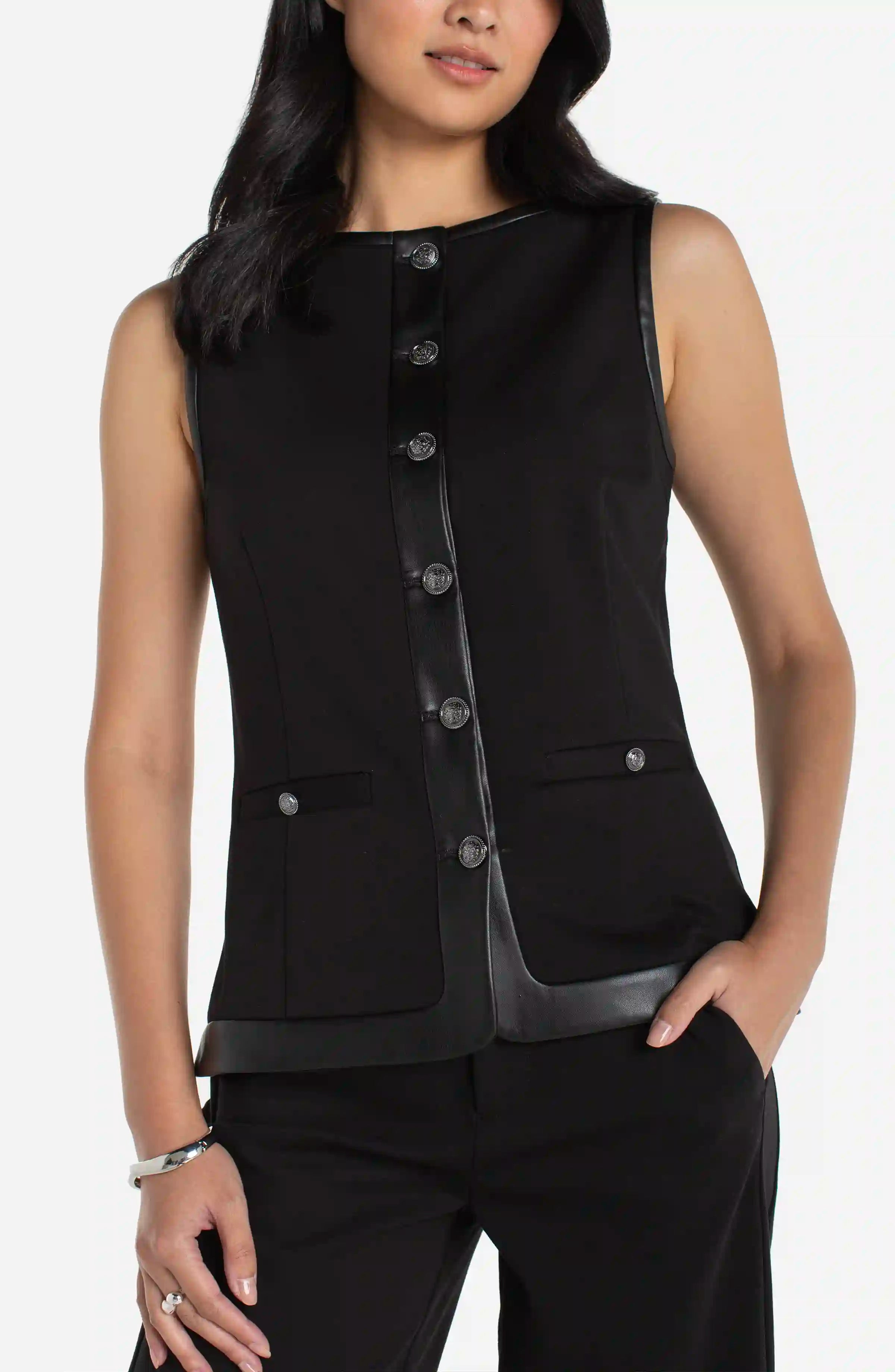 Liverpool Boatneck Button Vest W/ PU Leather Trim