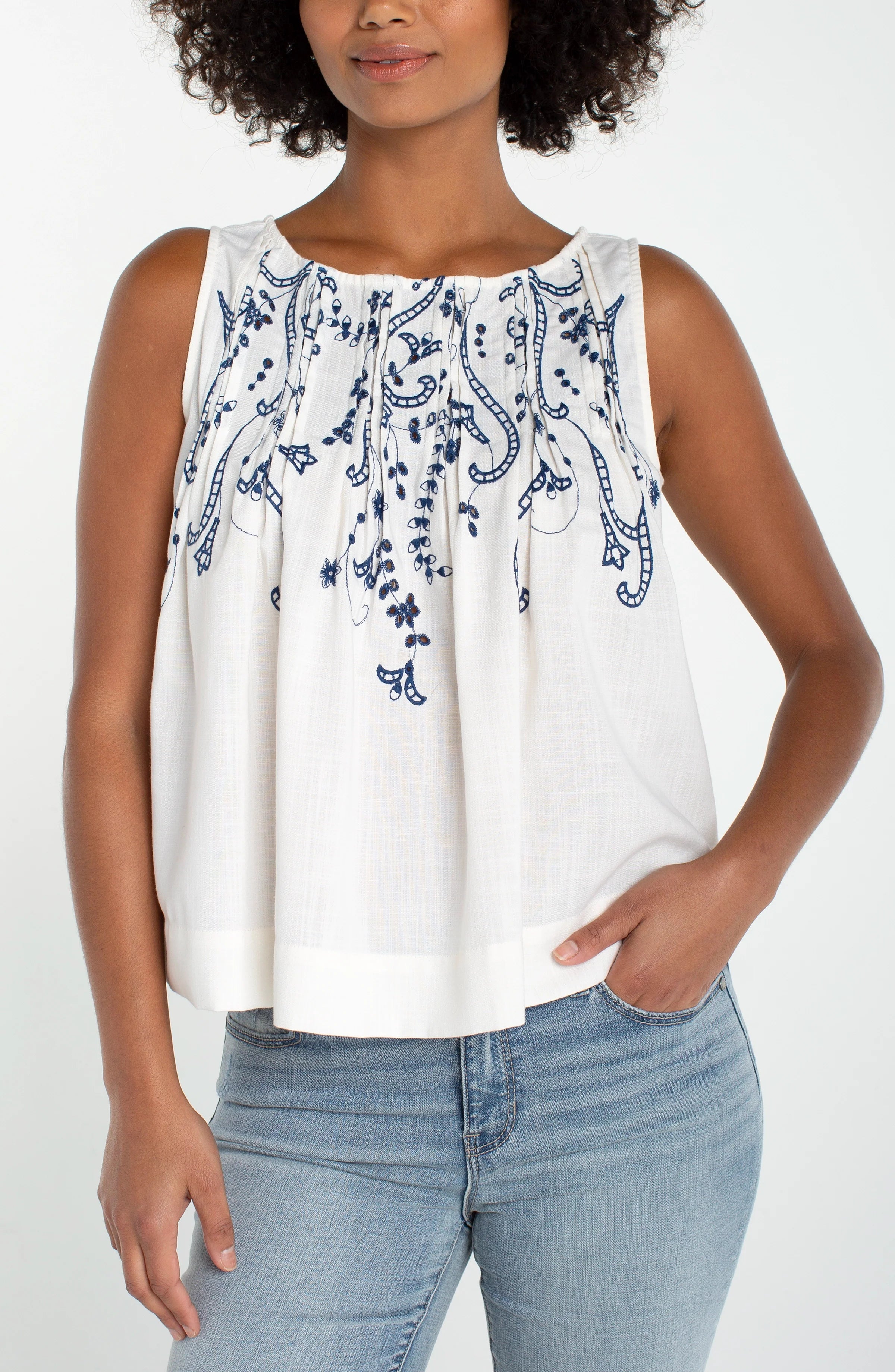 Sleeveless Boat Neck Top W/ Pintucks