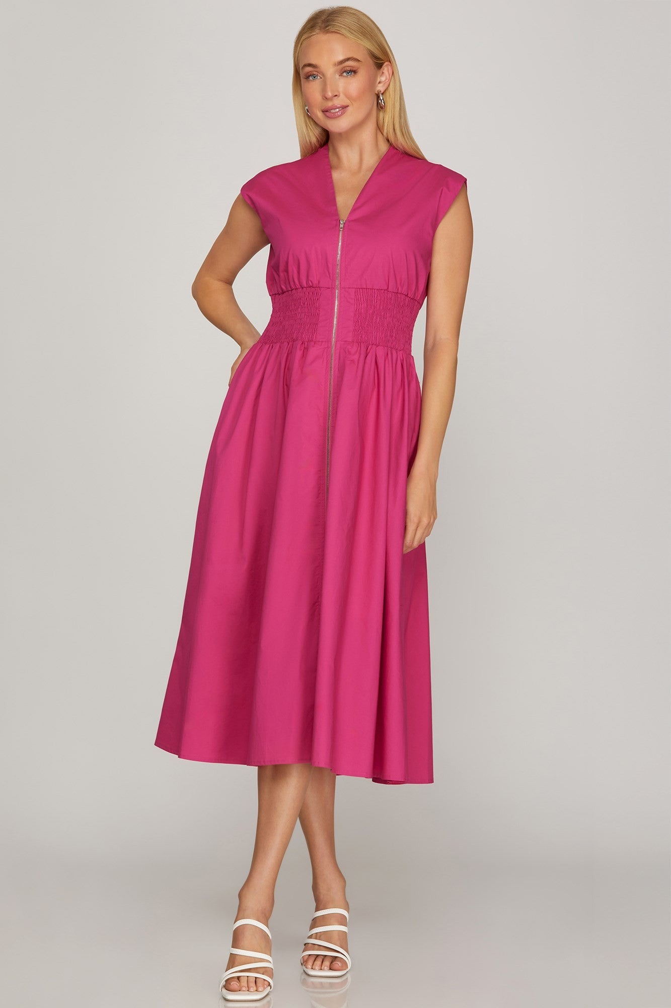Smocked Waist Front Zip Midi Dress