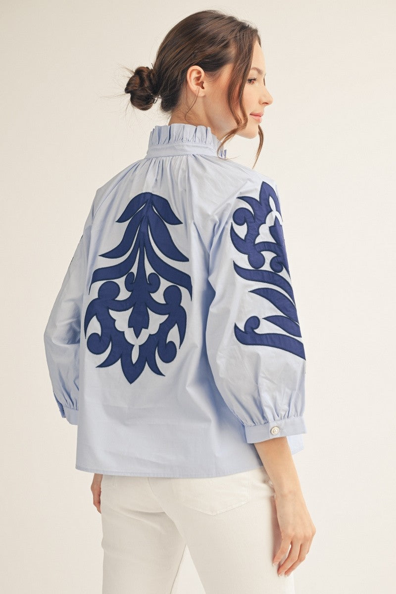 3/4 Sleeve Baroque Applique Top