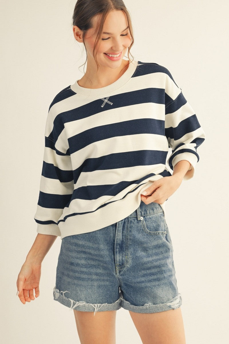 3/4 Sleeve Striped Sweatshirt