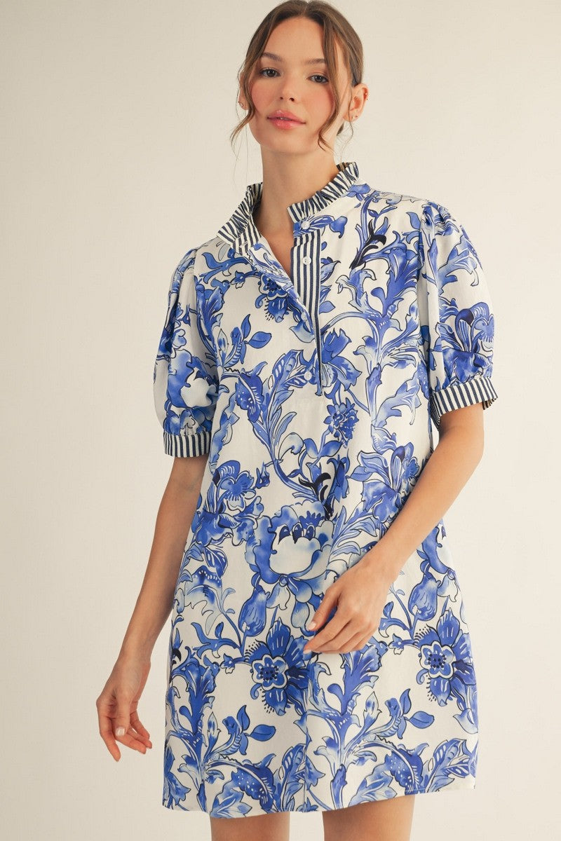 Floral & Stripe Puff Sleeve Dress