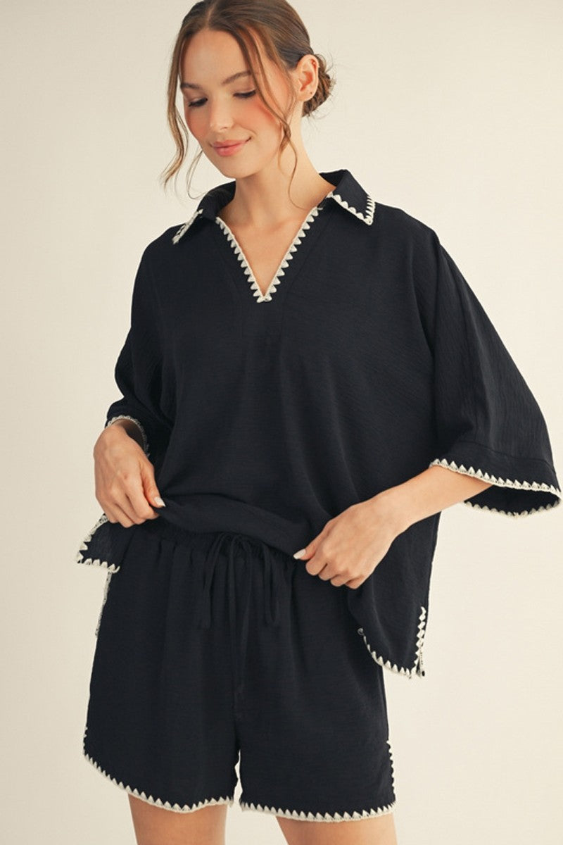 3/4 Sleeve Top with Scallop Detail