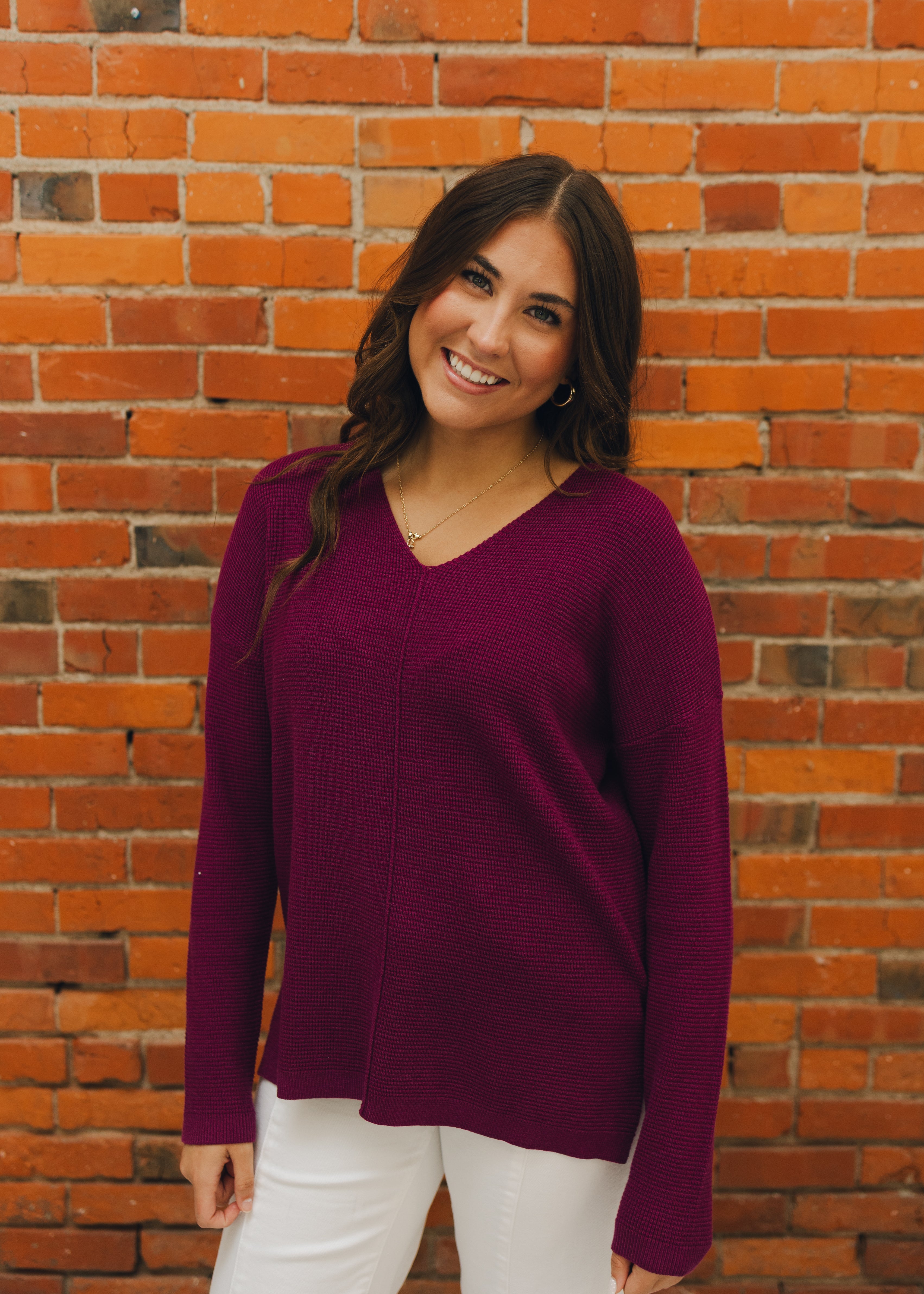 Center Seam V Neck Mini Waffle Sweater
