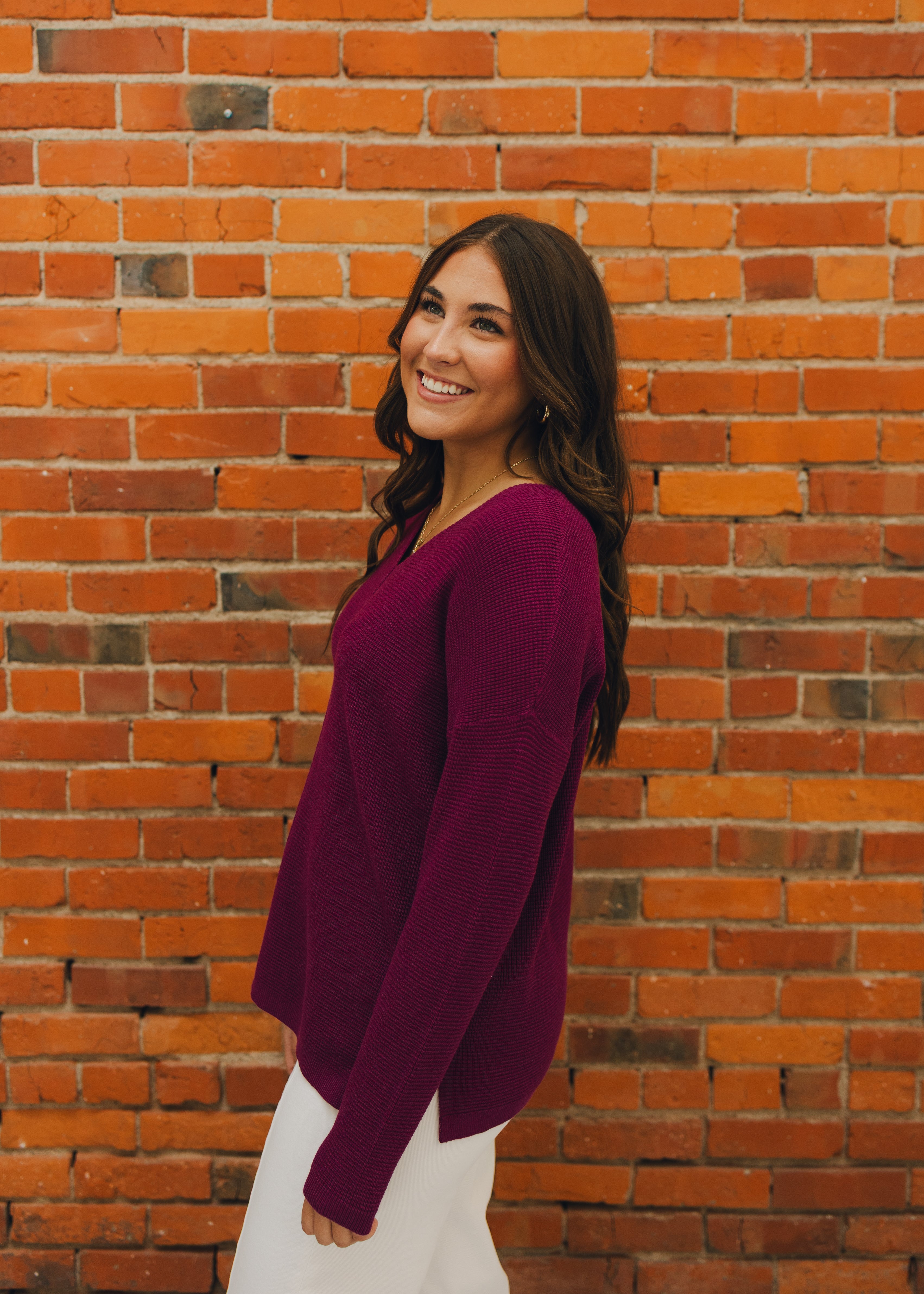 Center Seam V Neck Mini Waffle Sweater
