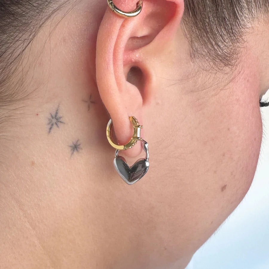 Nickel & Suede Heart Lock Huggies