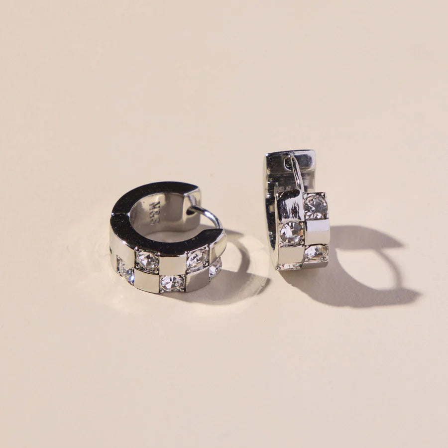Nickel & Suede Pave' Checkered Huggies