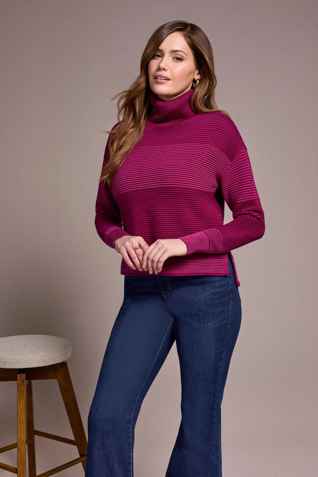 Tribal Turtleneck High Low Sweater - Plum Wine
