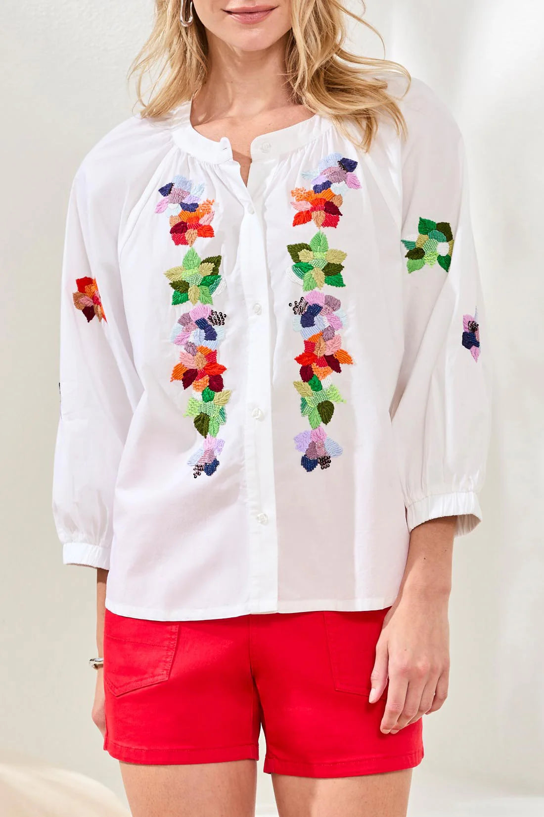 Tribal 3/4 Sleeve Button Front Blouse W/ Embroidery