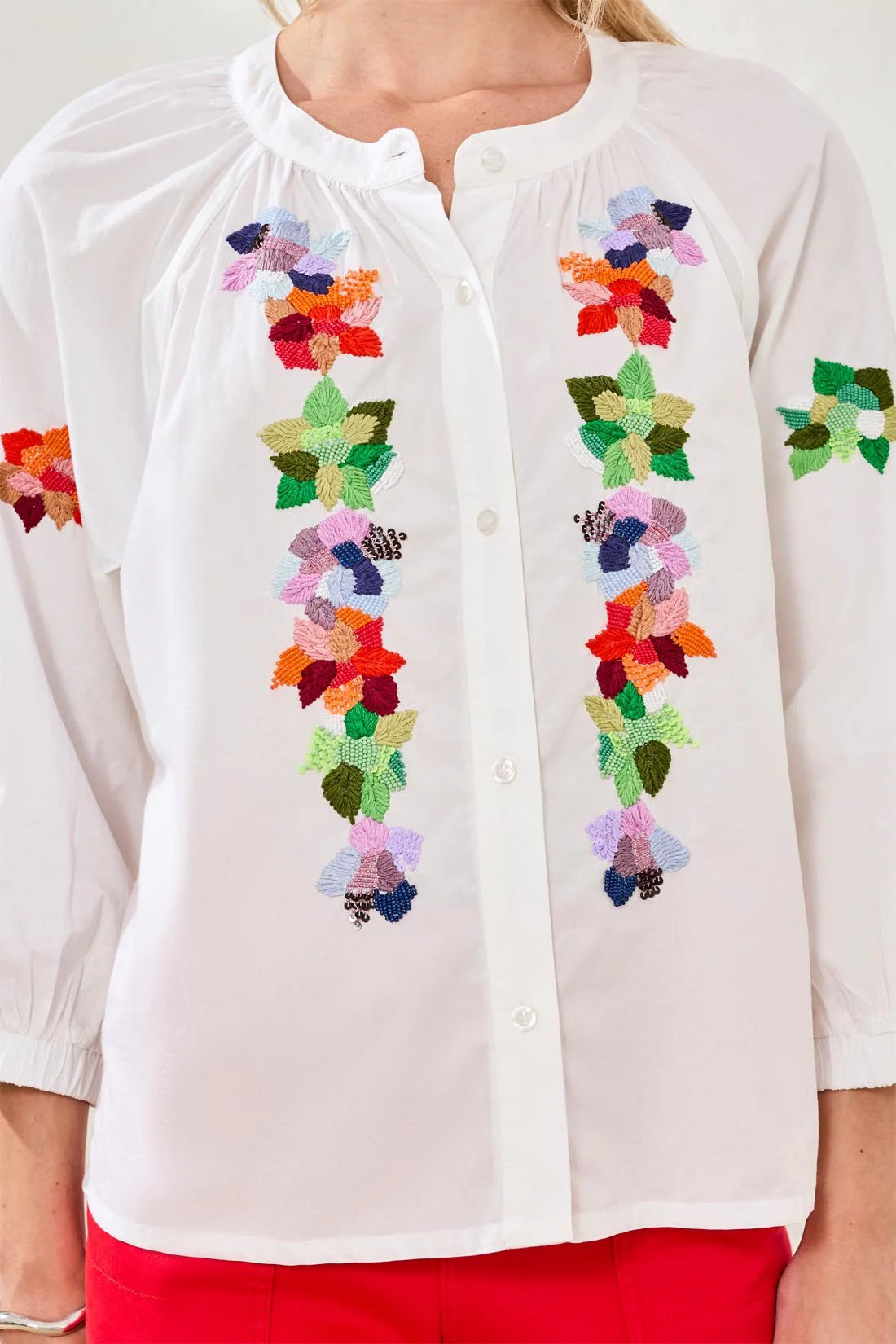 Tribal 3/4 Sleeve Button Front Blouse W/ Embroidery