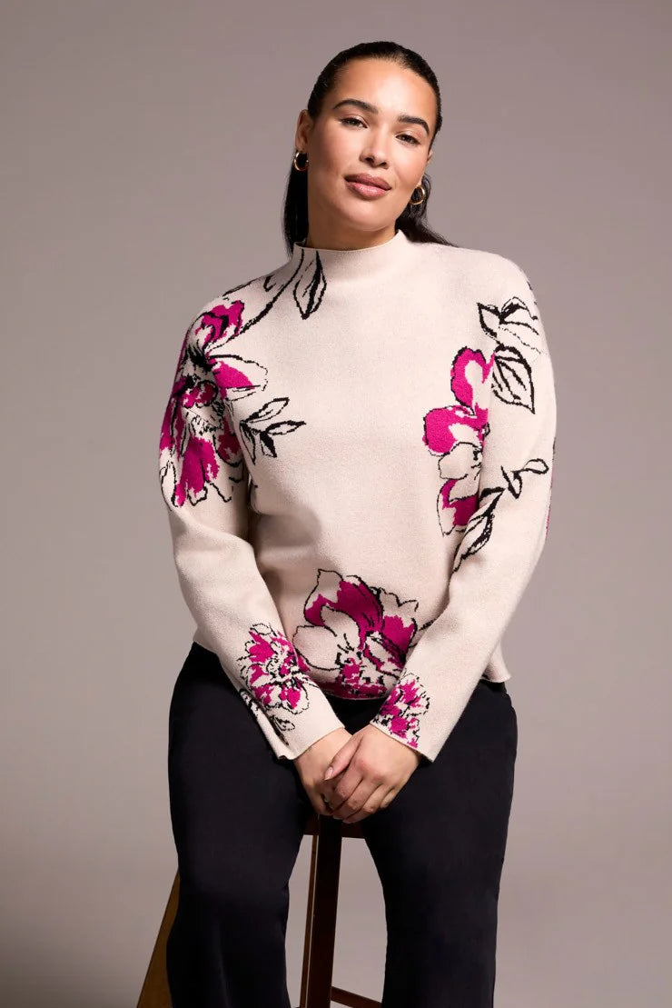 Tribal Long Sleeve Funnel Neck Sweater - Pink Flambe