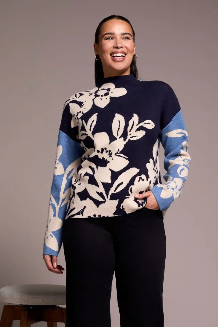 Tribal Long Sleeve Funnel Neck Sweater - Sapphire