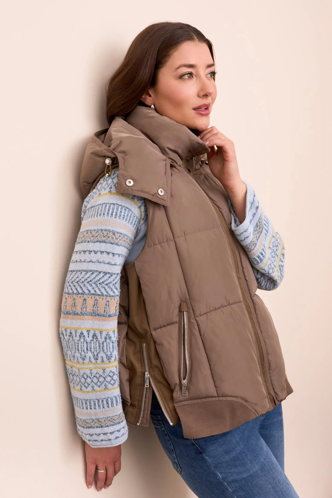 Tribal Quilted Vest W/Removable Hood - Fossil