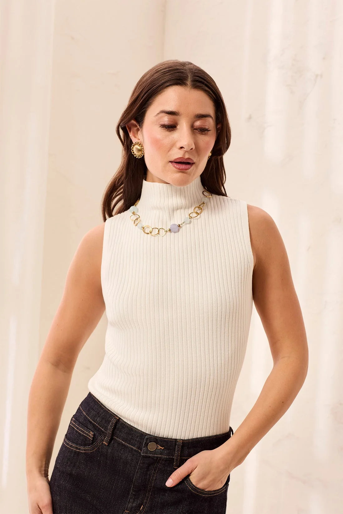 Tribal Sleeveless Funnel Neck Sweater