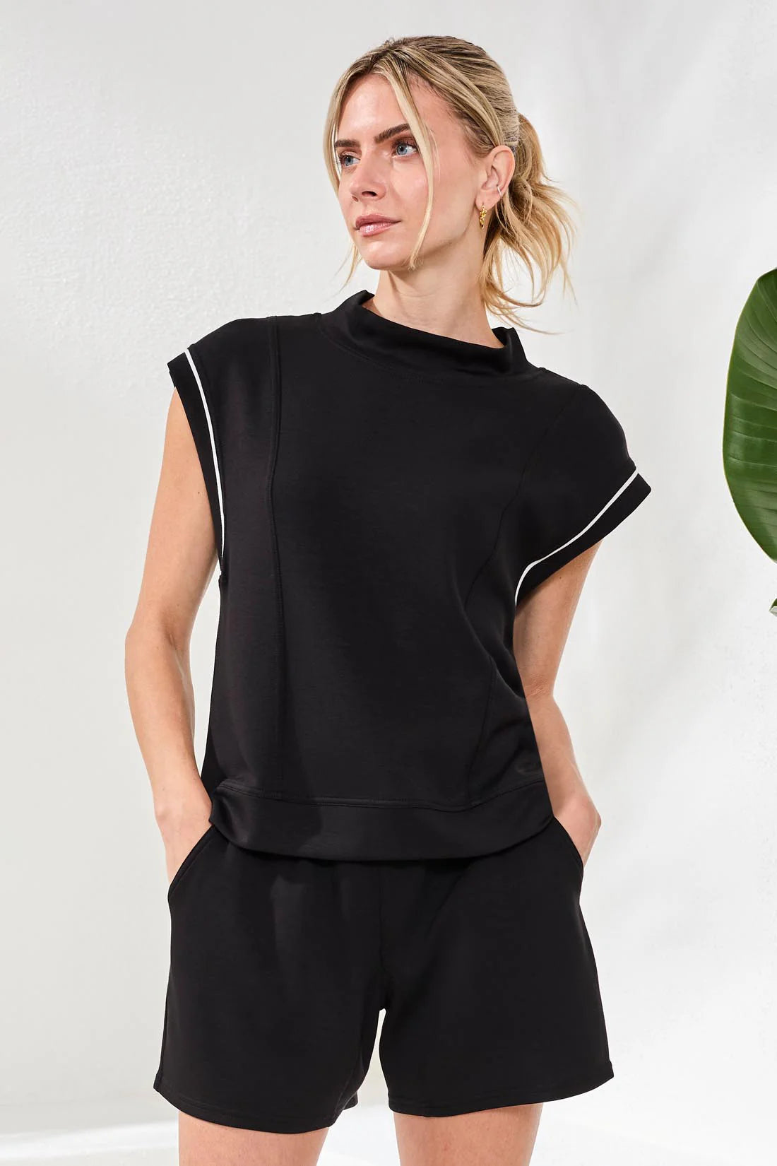 Tribal Mock Neck Top w/ Contrast Piping