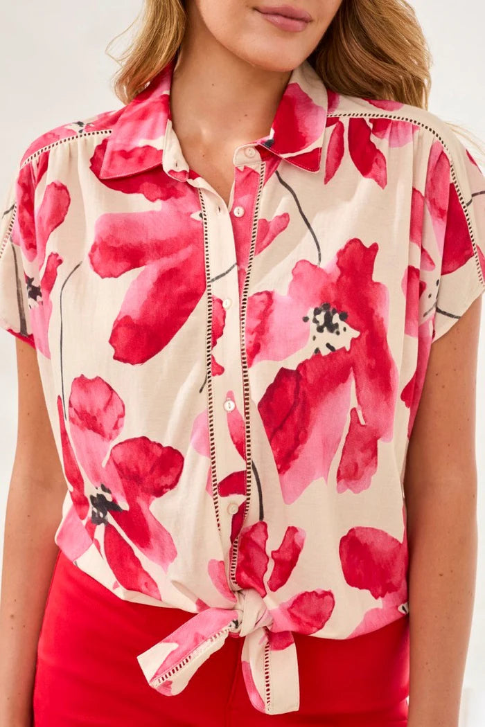 Tribal Short Sleeve Top W/ Buttons & Tie Front