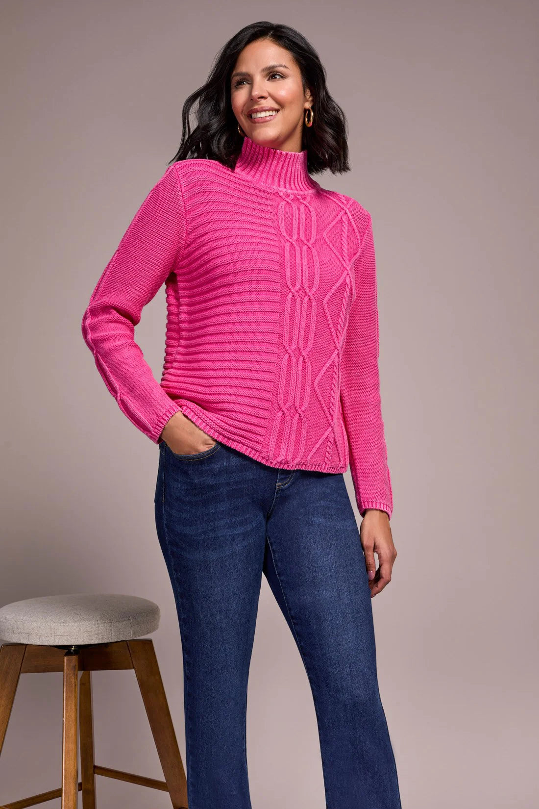 Tribal Mock Neck Sweater - Cherry Pink